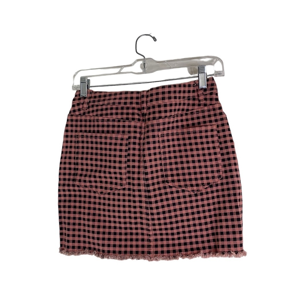 Forever 21 Pink & Black Checkered Mini Skirt S Y2K 2016 Vibe Plaid Raw Hem Denim - Picture 8 of 11